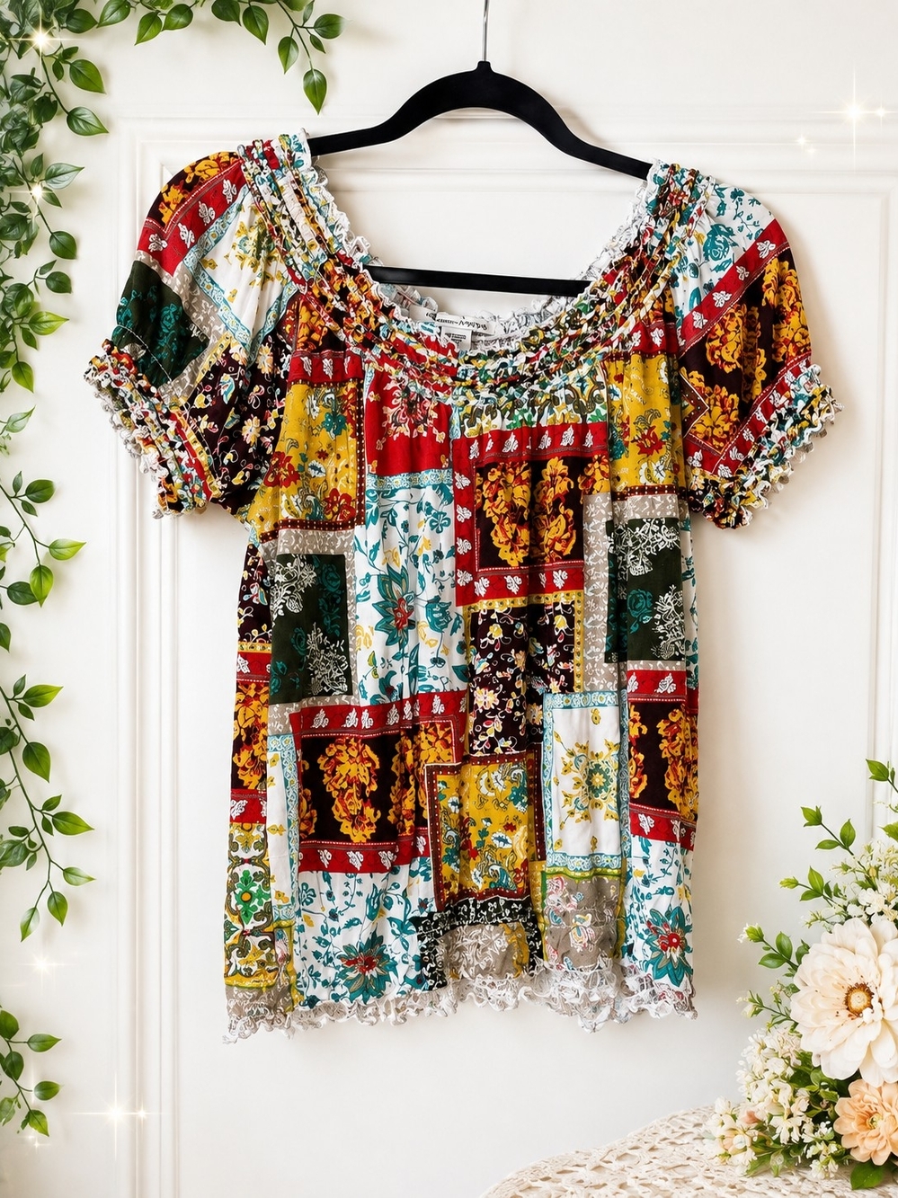 American Rag Vintage Boho Patchwork Peasant Blouse Smocked Floral Lace Trim Top